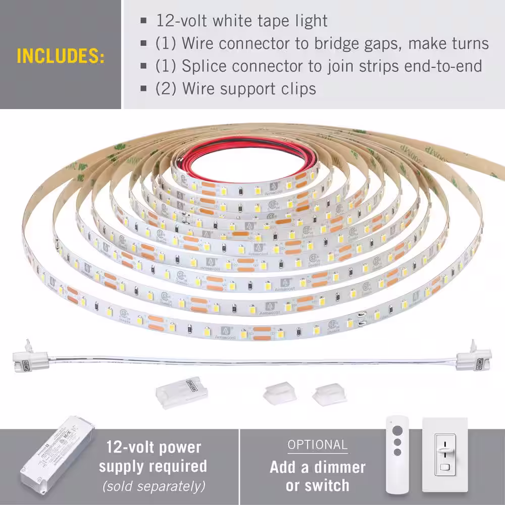 Armacost Lighting RibbonFlex Pro 65.6 ft. Hardwired 3000K Warm White 12-Volt 60 LED/m Integrated LED Under Cabinet Strip Light 20M
