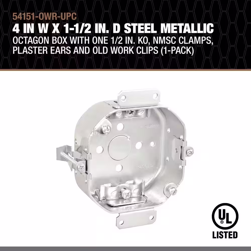 Southwire 4 in W x 1-1/2 in. D Steel Metallic Octagon Box with One 1/2 in. KO, NMSC Clamps, Plaster Ears and Old Work Clips