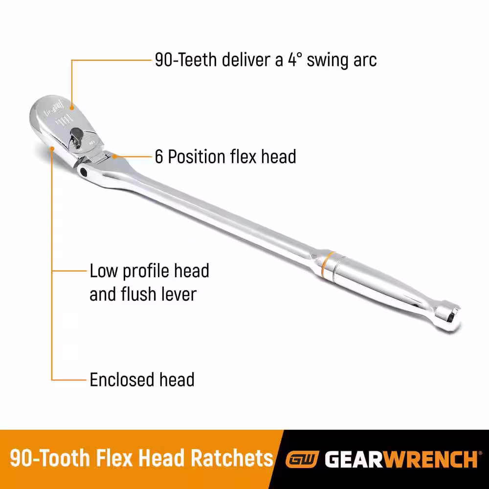 GEARWRENCH 1/4 in., 3/8 in. and 1/2 in. Drive 90-Tooth Dual Material Fixed and Flex-Head Ratchet Set (7-Piece)