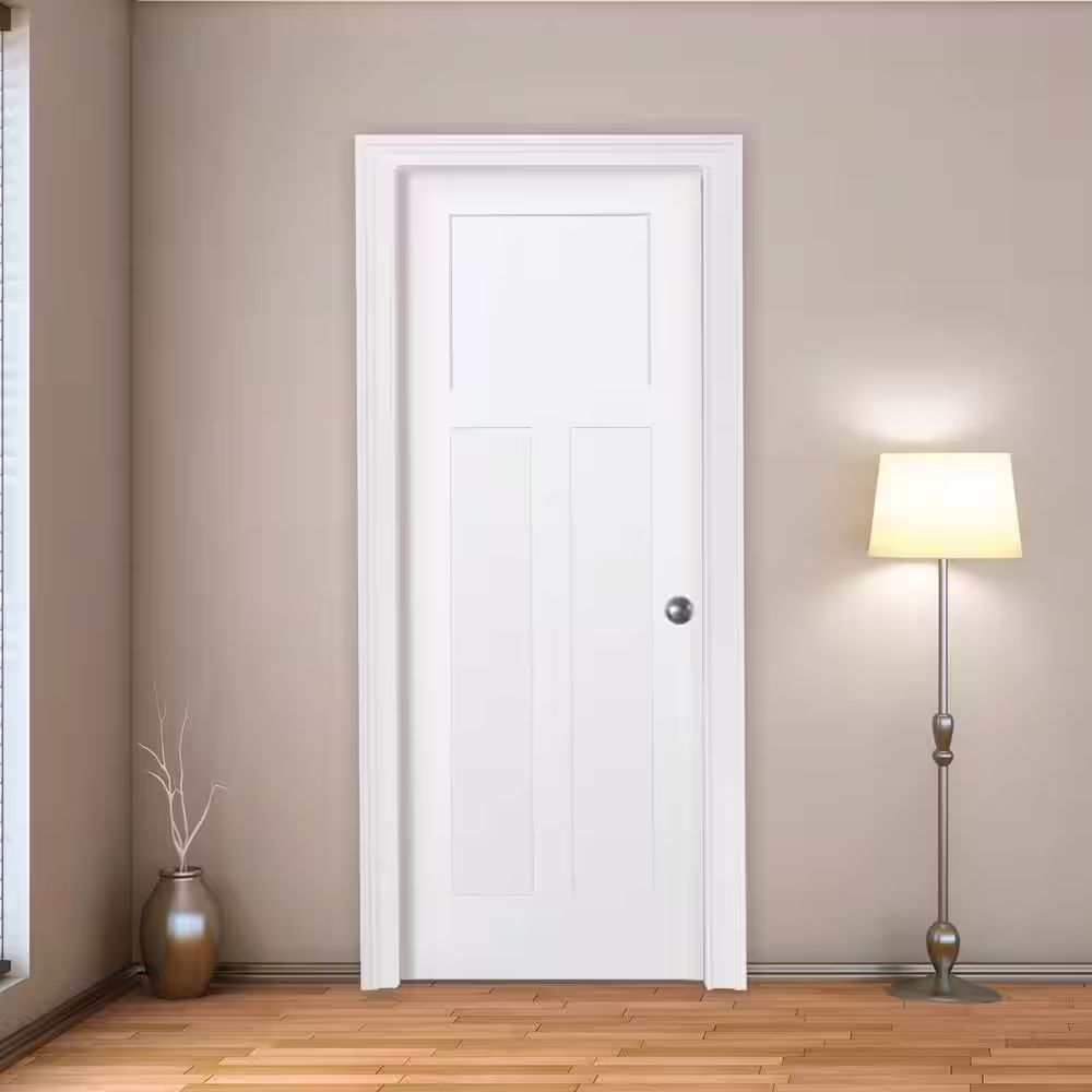 Steves & Sons 30 in. x 80 in. 3-Panel Mission Shaker White Primed Solid Core Wood Interior Door Slab