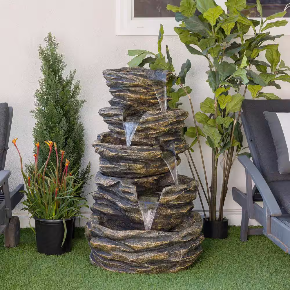 Alpine Corporation 39 in. Tall Indoor/Outdoor 5 Tier Rock Fountain with Replaceable LED Lights