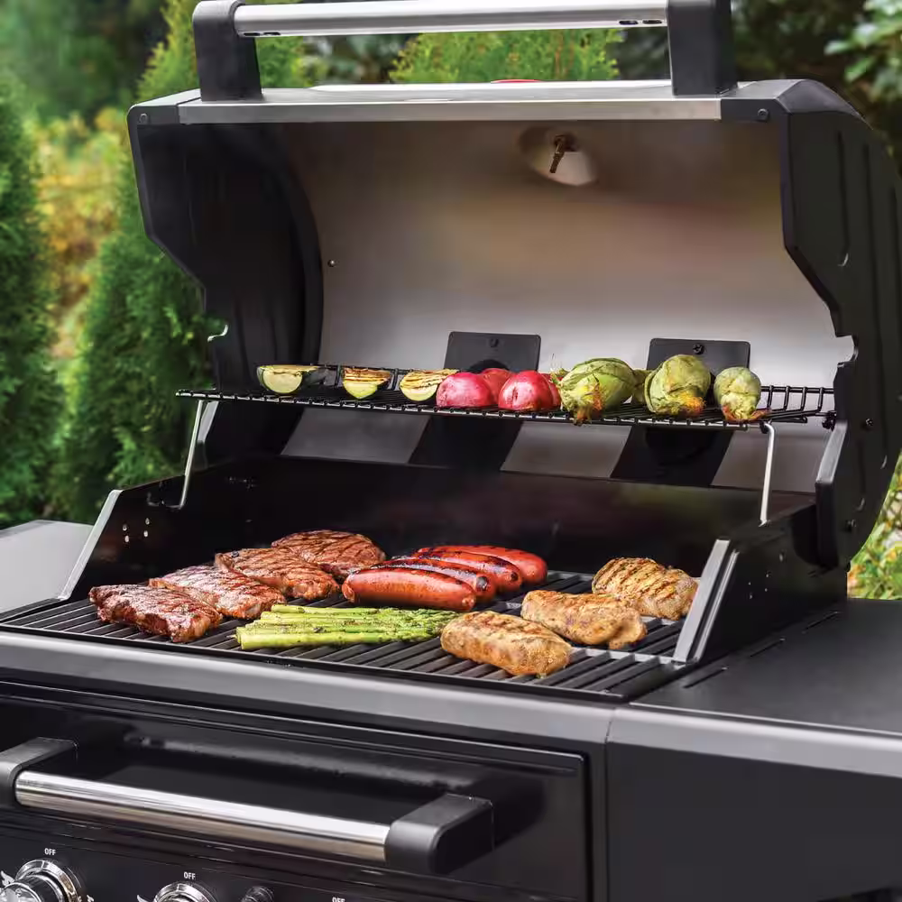 Char-Griller Flavor Pro 4-Burner Propane, Wood Gas Grill with Multi-Fuel Flavor Drawer in Silver