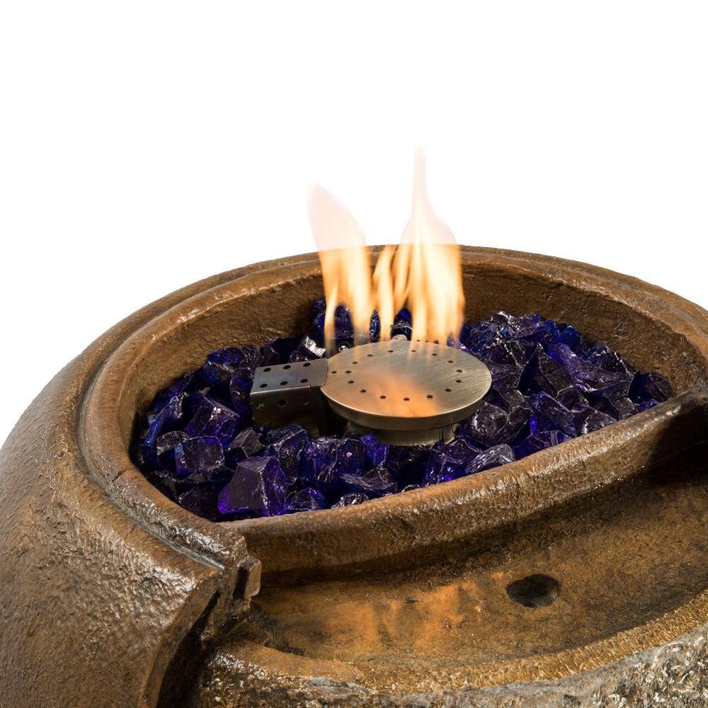 Teamson Home 22 in. Freestanding Outdoor Water Fountain Pot with Propane Fire Pit and Fire Glass, Brown