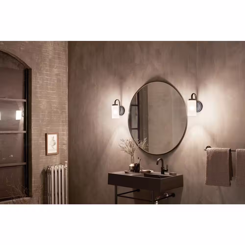 KICHLER Kennewick 1-Light Black Bathroom Wall Sconce Light with Etched Glass