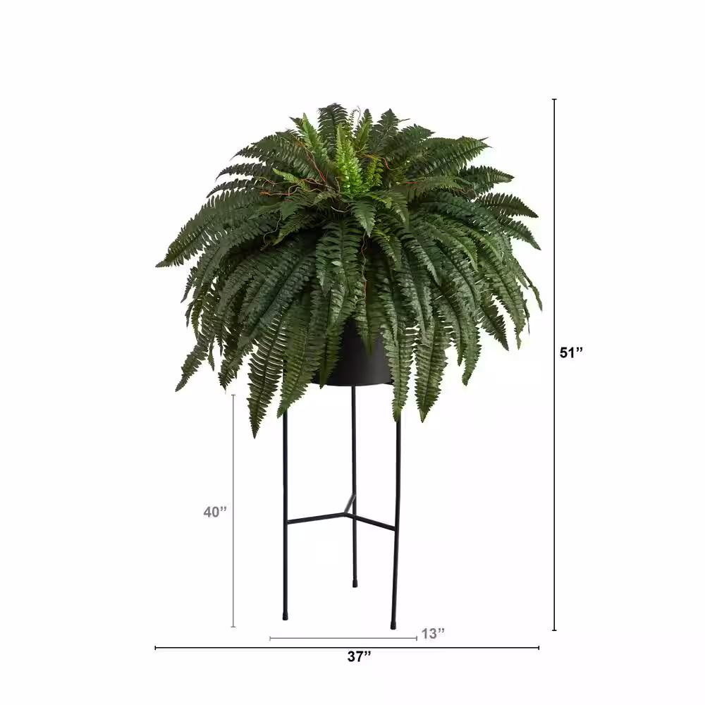 Nearly Natural 51 in. D Boston Fern Artificial Plant in Black Planter with Stand