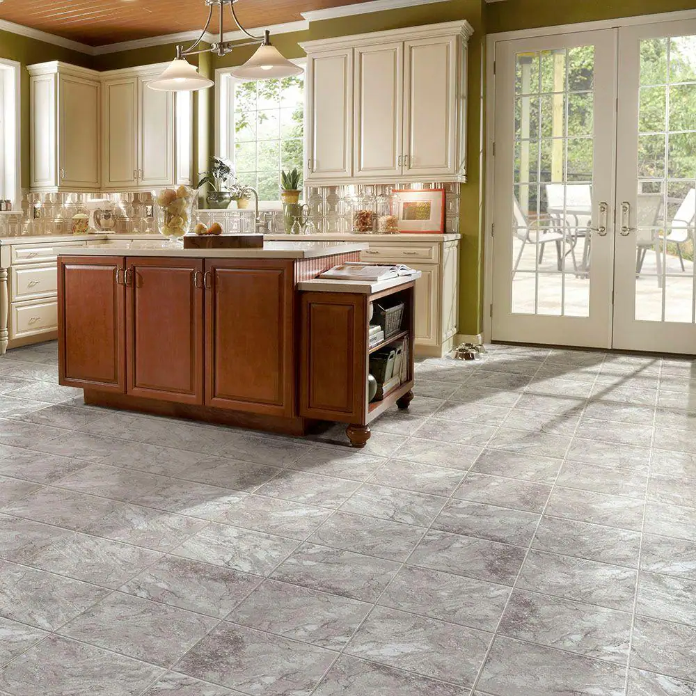 TrafficMaster White and Grey Travertine 3 MIL x 18 in. W x 18 in. L Peel and Stick Water Resistant Vinyl Tile Flooring (36 sqft/case)