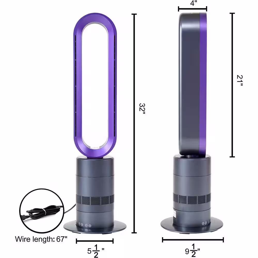 None 32 in. Purple Bladeless Tower Fan with Timer, 10-Speeds Adjustable and Remote Control