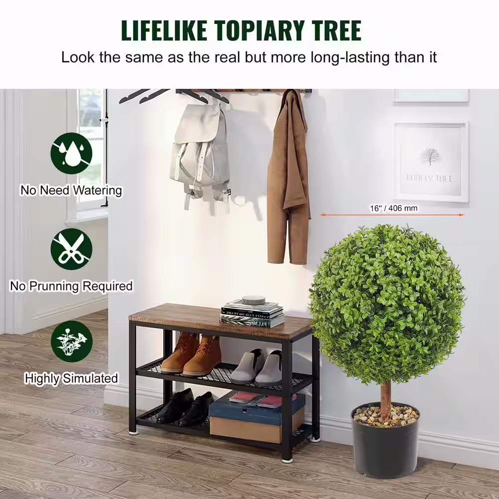 None Artificial Topiaries Boxwood Trees 22 in. Green Artificial Boxwood Topiaries With Containers Ball-Shape Plant, (2-Piece)