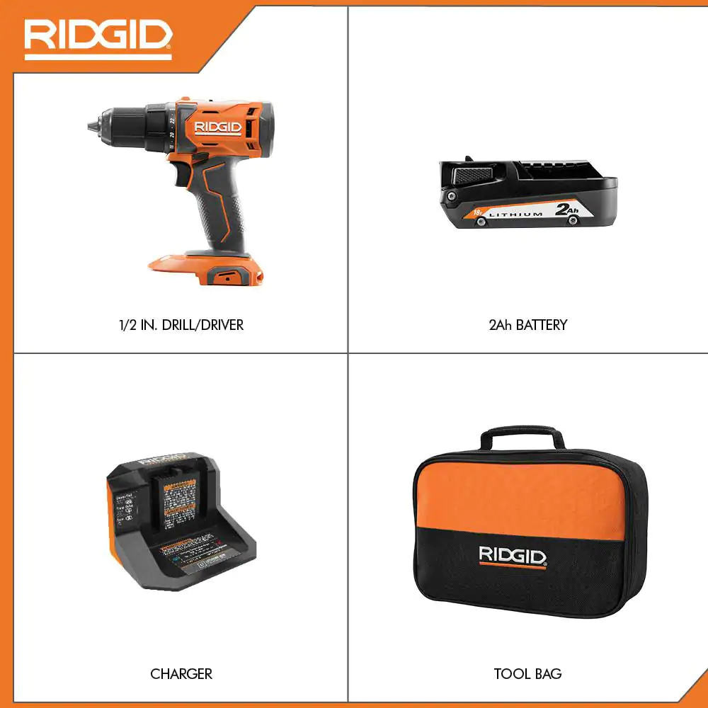 RIDGID 18V Cordless 1/2 in. Drill/Driver Kit with (1) 2.0 Ah Battery and Charger
