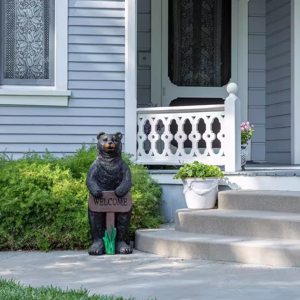 Alpine Corporation 36 in. Tall Outdoor Standing Black Bear with Welcome Sign Yard Statue Decoration
