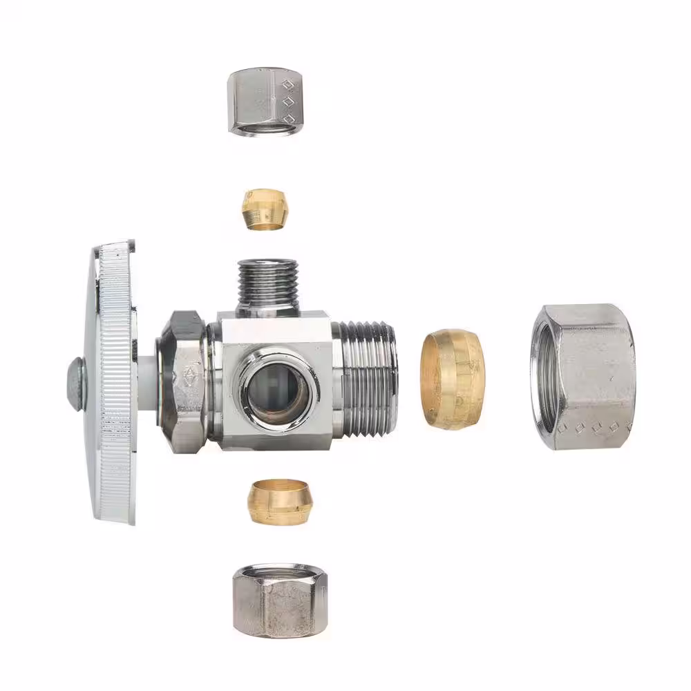 BrassCraft 1/2 in. Nom Comp Inlet x 3/8 in. O.D. Comp x 1/4 in. O.D. Comp Left Side Dual Outlet Multi-Turn Chrome Plated Valve