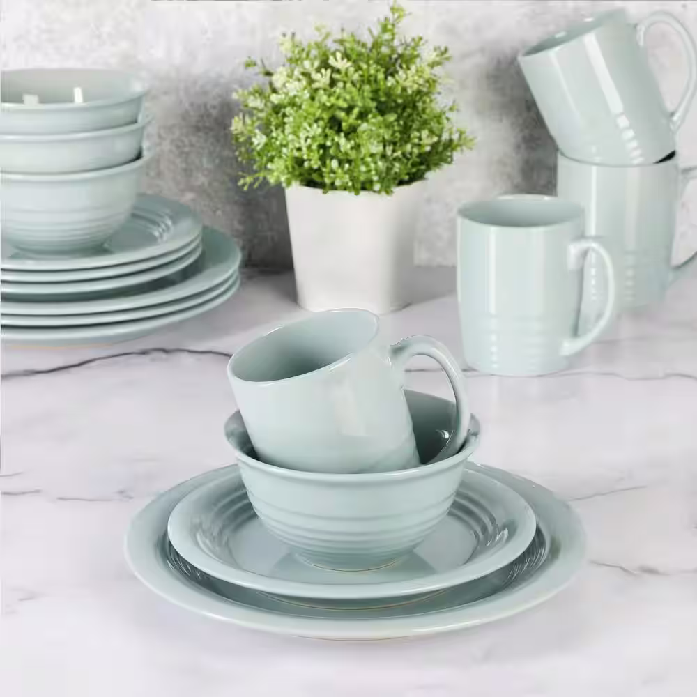 None 16-Pcs Round Stoneware Dinnerware Set Service of 4 in Light Blue