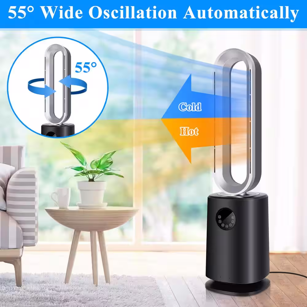 None 35 in. Black Space Heater Bladeless Tower Fan, Heater and Cooling Air Purifier with Remote Control, Air Circulator Fan