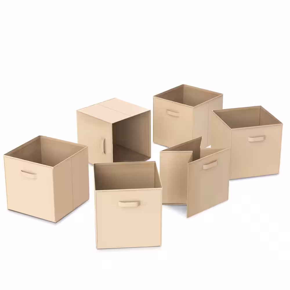 None Beige 6-Piece Fabric Foldable Storage Cubes / Bins for Shelving Unit (10.5 in. W x 10.5 in. H x 11.15 in. D)