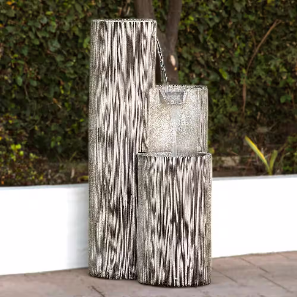 Alpine Corporation 41 in. Tall Outdoor Tiering Column Zen Fountain with LED Lights