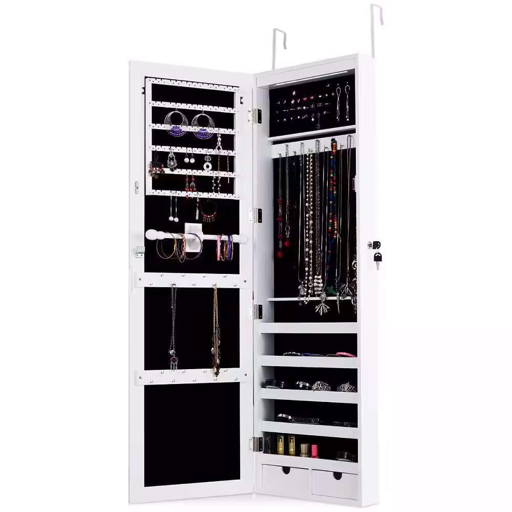 HONEY JOY 14.5 in. L x 3.8 in. W x 47 in. H White Wood Wall Mounted Mirrored Jewelry Organizer Armoire Cabinet with LED and Lock