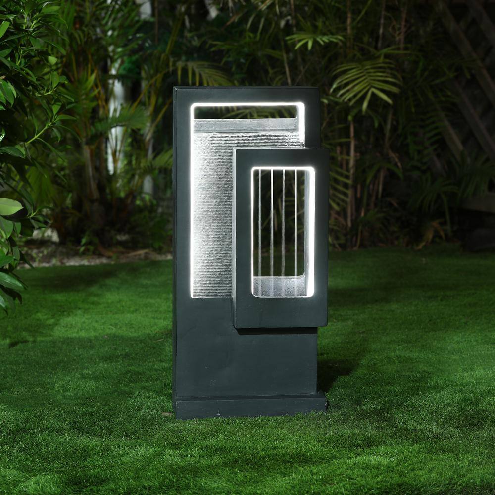 LuxenHome Gray Cement Column Outdoor Waterfall Fountain with LED Light