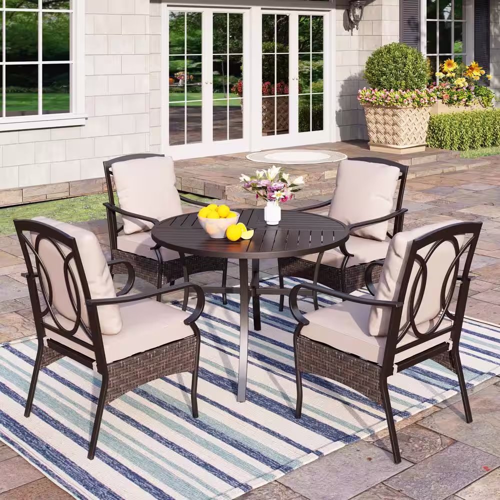 None 5-Piece Metal Patio Outdoor Dining Set with Black Round Table and Stationary Chairs with Beige Cushions