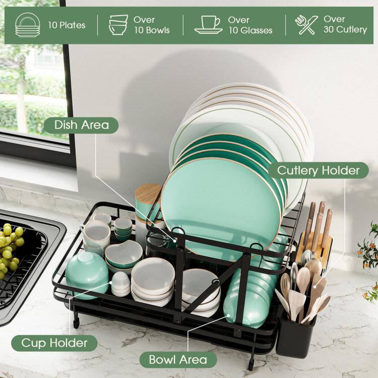 None 2-Tier Collapsible Vertical Fingerprint-Proof Stainless Steel Drying Dish Rack with Removable Drip Tray