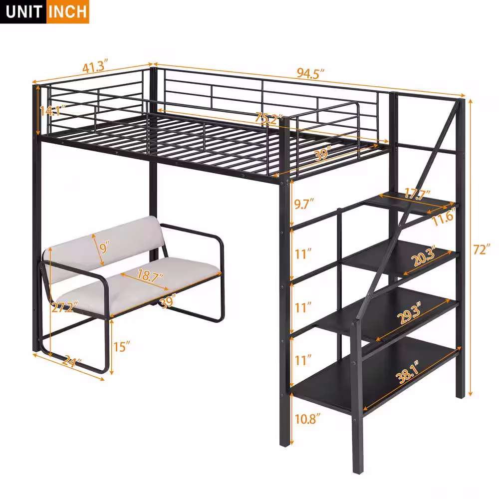 Harper & Bright Designs Black Twin Size Metal Loft Bed with Bench and Storage Staircase