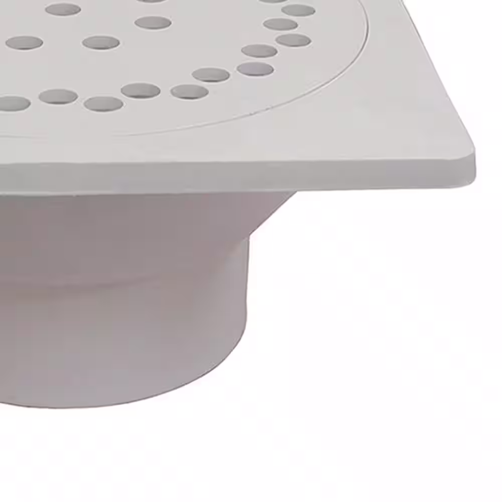 JONES STEPHENS 9 in. x 9 in. PVC Bell Trap with 3 in. x 4 in. Outlet and Snap-In Lid