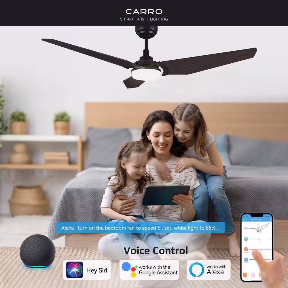 CARRO Brently 52 in. Dimmable LED Indoor/Outdoor Black Smart Ceiling Fan with Light and Remote, Works with Alexa/Google Home