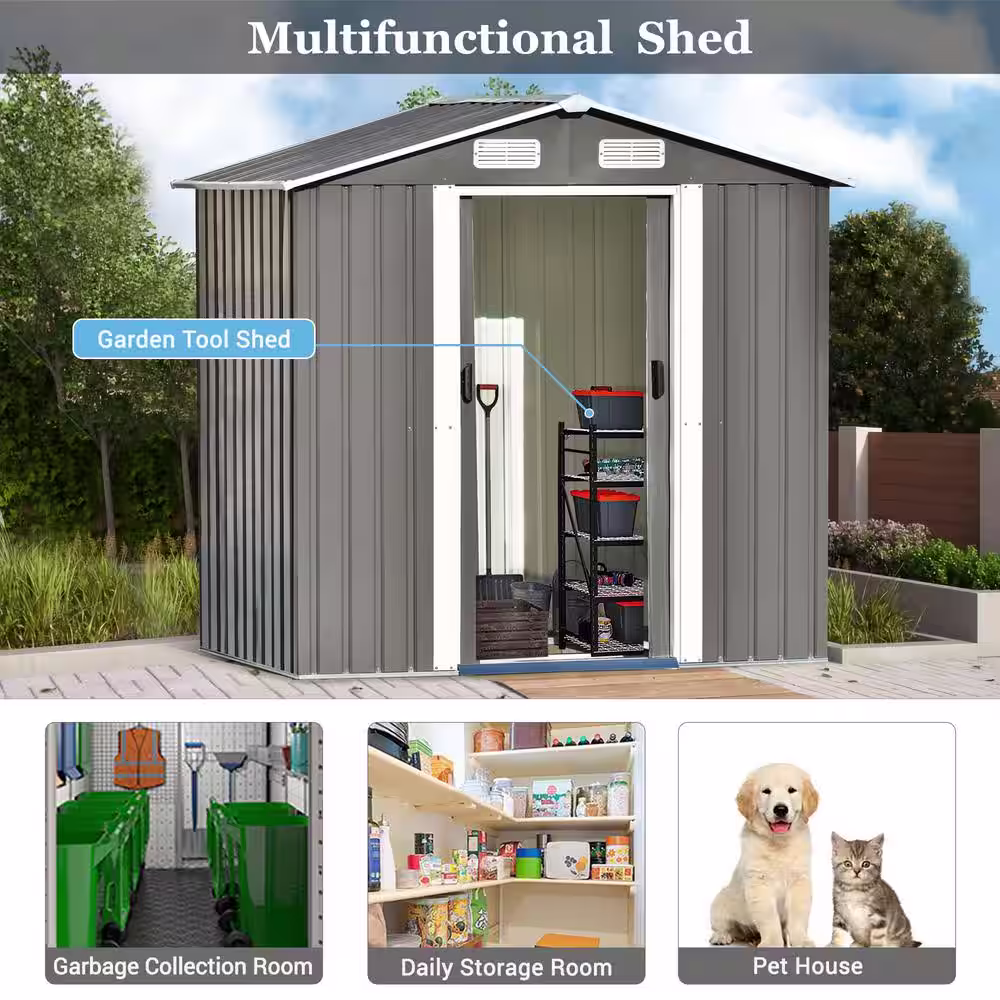 None 6 ft. W x 4 ft. D Metal Storage Shed with Vents and Foundation Frame in Gray (23.4 sq. ft.)