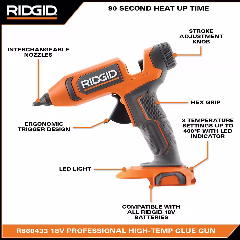 RIDGID 18V Cordless Professional High Temp Glue Gun Kit with 2.0 Ah Battery and Charger
