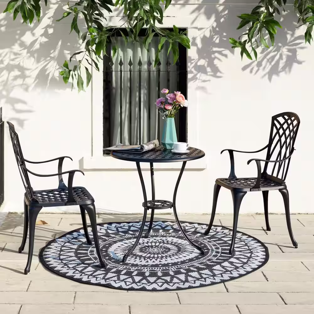Nuu Garden 3-Piece Cast Aluminum Outdoor Bistro Set Furniture Set with 5 ft. Round Patio Area Rug in Black
