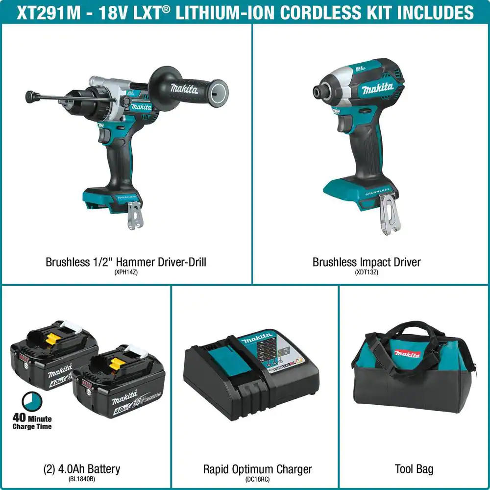 Makita 18V LXT Lithium-Ion Brushless Cordless 2-Piece Combo Kit (Hammer Drill/Impact Driver) 4.0Ah