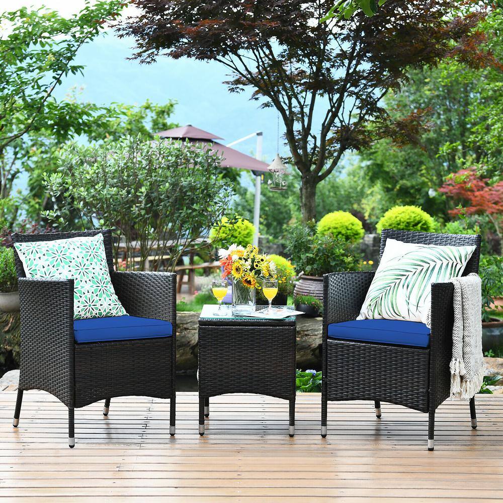 SUNRINX 3-Piece Brown Wicker Patio Conversation Set Outdoor Bistro Set with Navy Cushions
