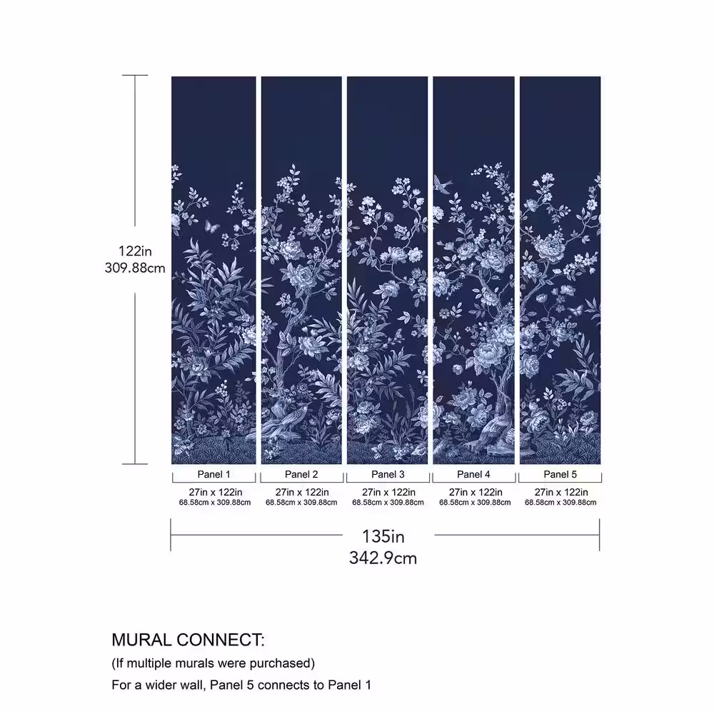 None Twilight Chinoiserie Blue Midnight Blue Flowers Wall Mural