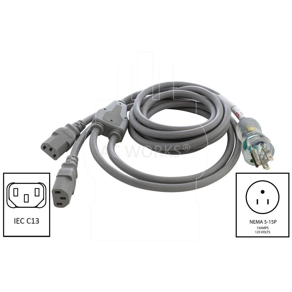 AC WORKS 10 ft. 13 Amp 16/3 Medical Grade Y-Cable with 2 C13 Connectors