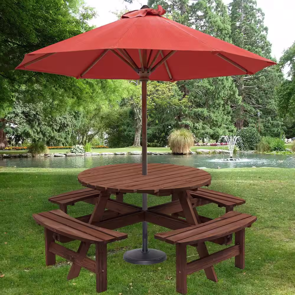 None 8-Person Circular Outdoor Wooden Picnic Table for Patio, Backyard, Garden with Umbrella Hole