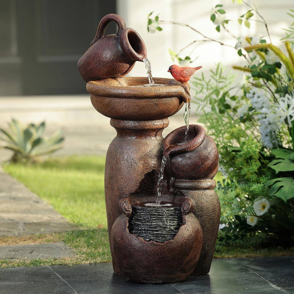 LuxenHome Cement/Resin Roma Pitcher and Pot Tiered Outdoor Patio Fountain