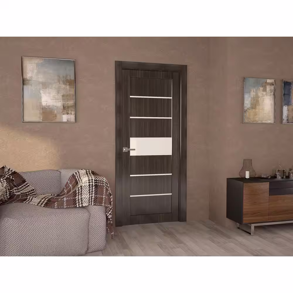 Belldinni 30 in. x 80 in. Siah Gray Oak Finished Frosted Glass 5-Lite Solid Core Wood Composite Interior Door Slab No Bore