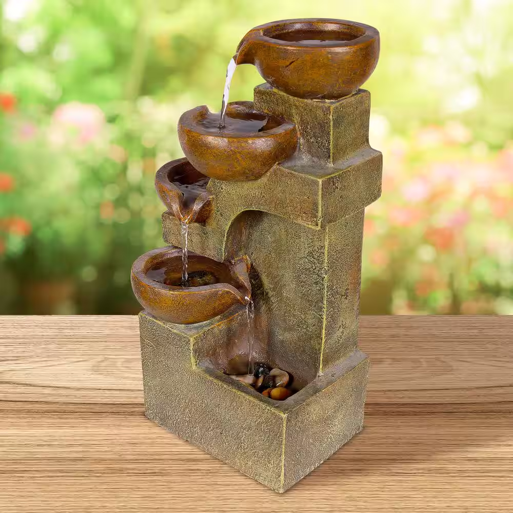 Alpine Corporation 16 in. Tall Indoor/Outdoor Tabletop 4-Tier Pouring Pots Fountain, Brown