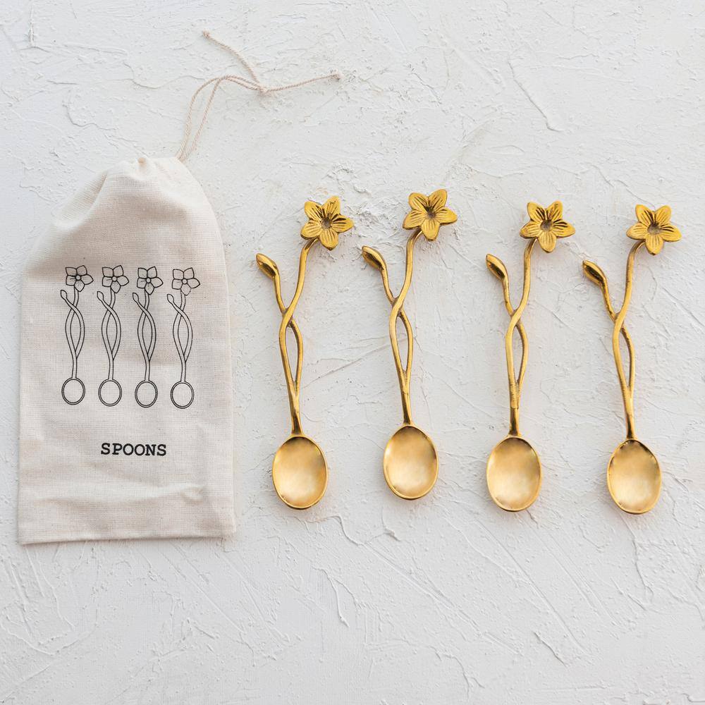 None 4-Piece Farmhouse Brass Spoons with Flower Handles in Drawstring Bag