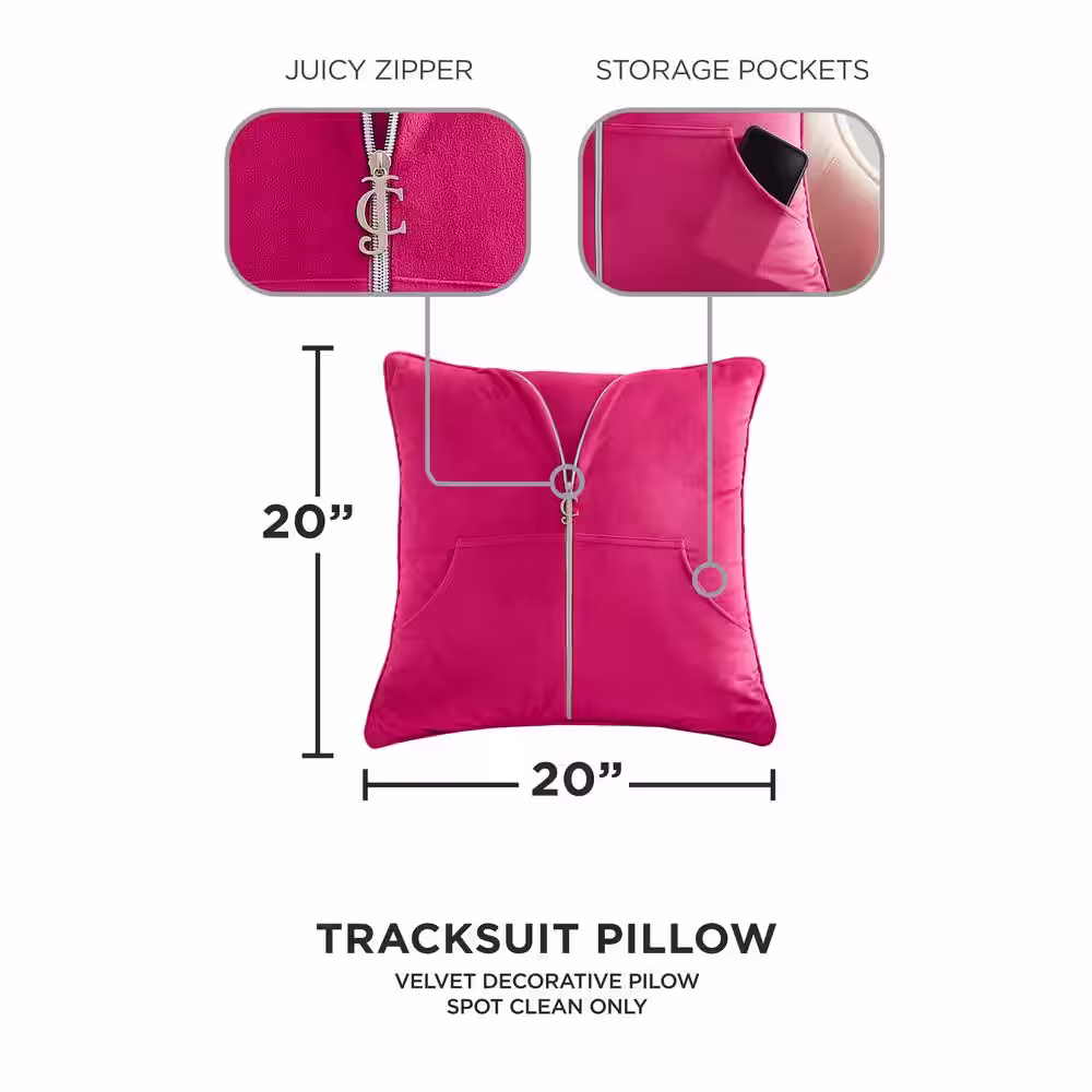 JUICY COUTURE Zippered Tracksuit Hot Pink Velvet 20 in. x 20 in. Throw Pillow