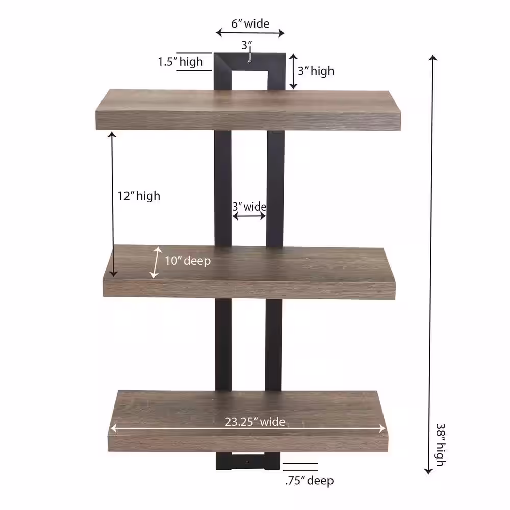 HOUSEHOLD ESSENTIALS Wall Mounted 38 in. H x 22.43 in. W x 10 in. D Decorative Wall Shelf with Metal Frame and 3-Shelves in Ashwood