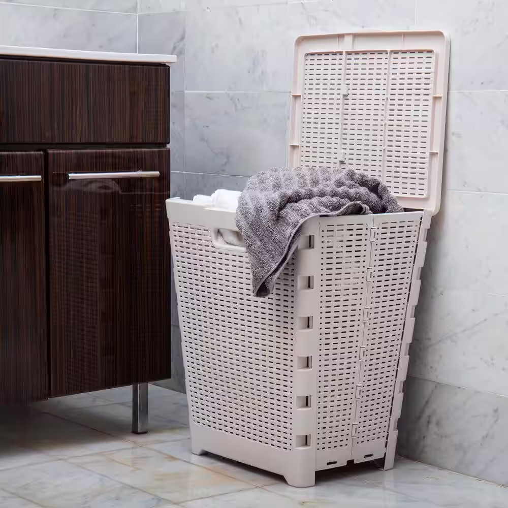 Mind Reader Basket Collection, Foldable Laundry Hamper, 61 Liter (15g/33lbs) Capacity, Cut Out Handles, Attached Hinged Lid, Ivory
