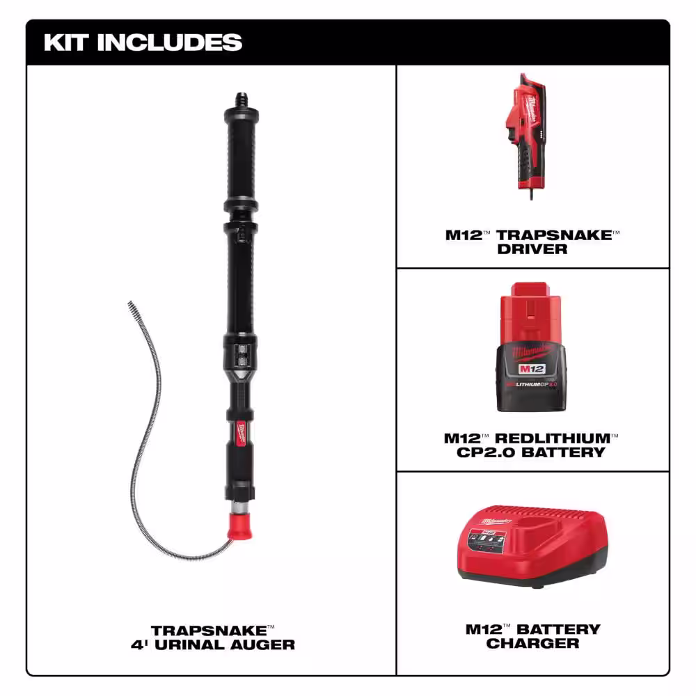 Milwaukee M12 Trap Snake 12V Lithium-Ion Cordless 4 ft. Urinal Auger Drain Cleaning Kit