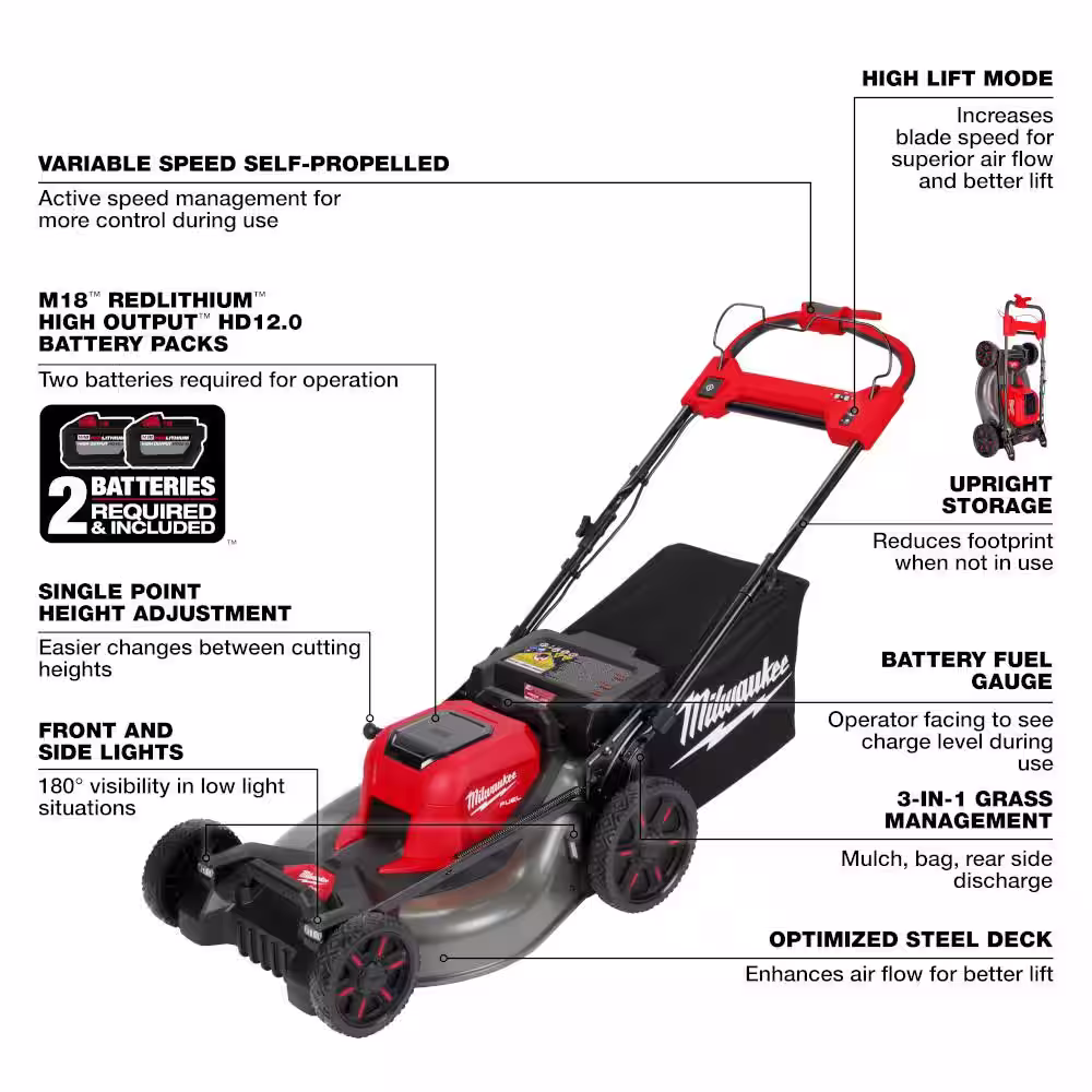 Milwaukee M18 FUEL Brushless Cordless 21 in. Walk Behind Dual Battery Self-Propelled Mower w/(2)12Ah Batteries & High Lift Blade