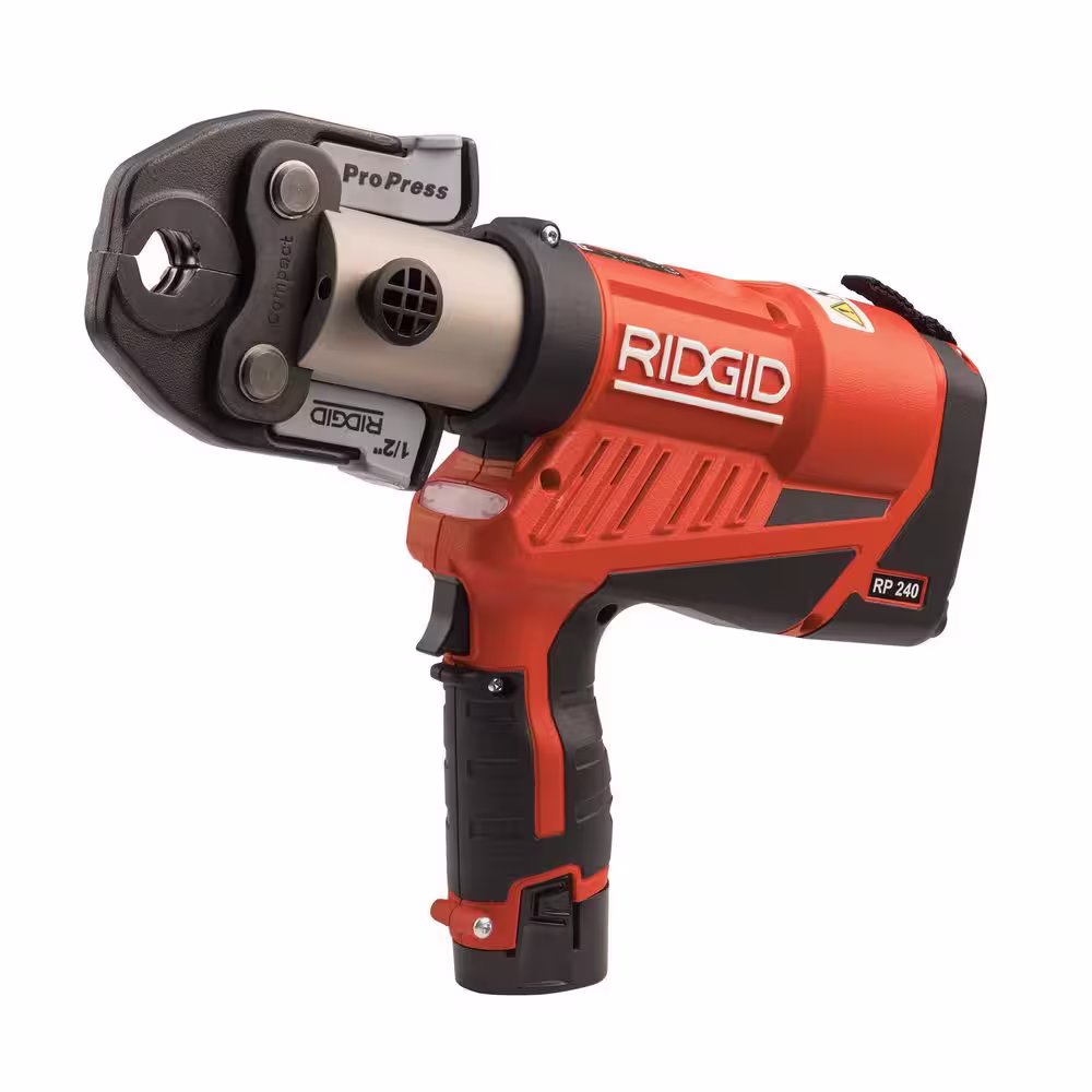 RIDGID RP 240 ProPress Compact Pistol Grip Press Tool Kit (Includes Case + 2, 18-V Li-Ion Batteries+Charger + 3 Press Tool Jaws
