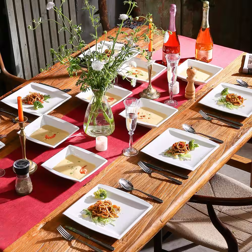 MALACASA 12-Piece White Porcelain Dinnerware Set Square Dinner Plates Soup Plates(Service for 6)