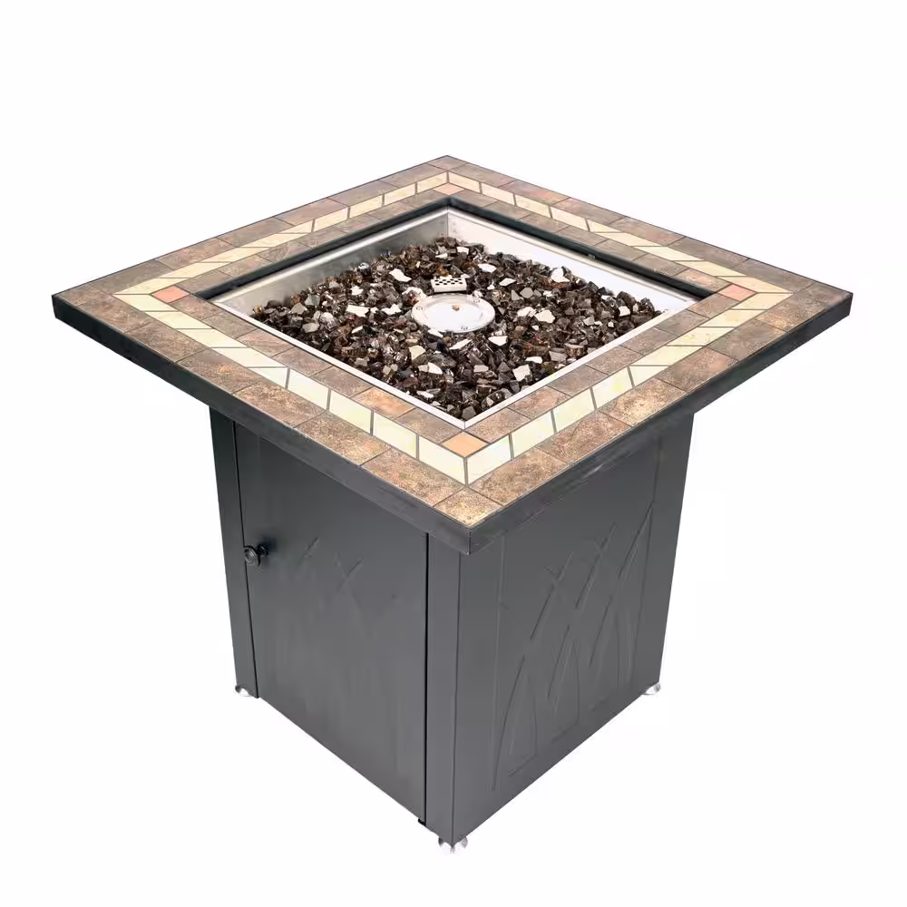 Pleasant Hearth Atlantis 28 in. x 26 in. Square Steel Propane Gas Fire Pit Table in Black with Glass Fire Rocks