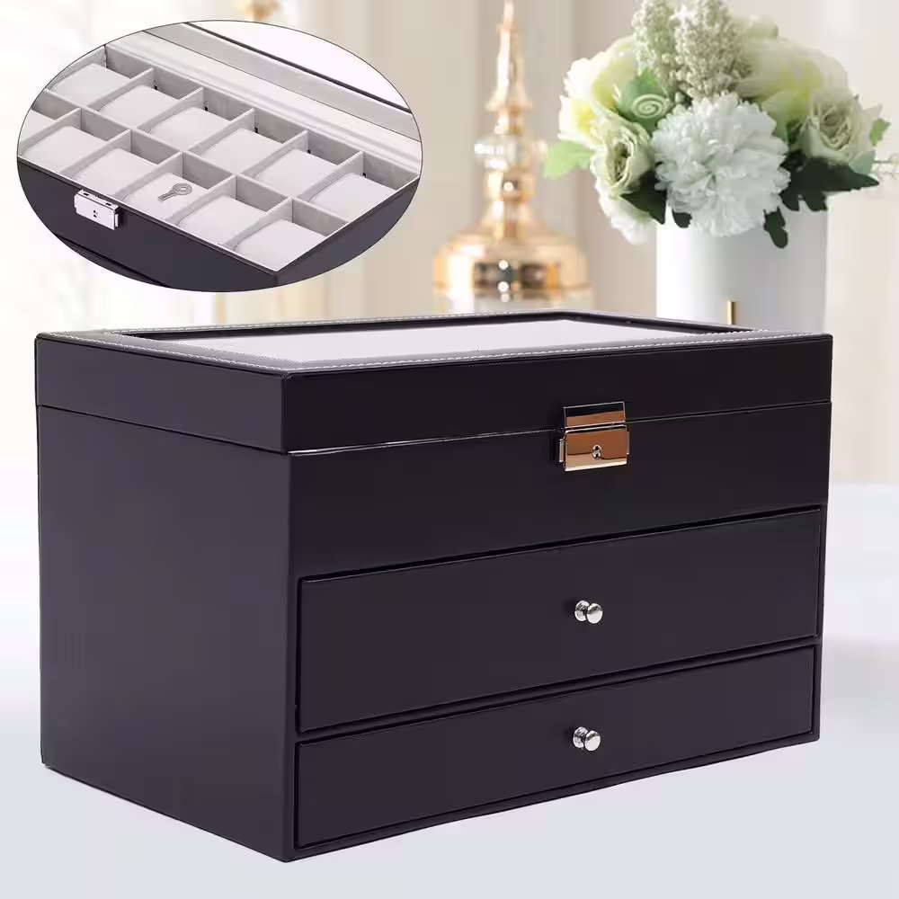 YIYIBYUS 13.26 in. x 7.63 in. x 8.07 in. Black 3-Layer Leather Watch and Eyeglasses Box