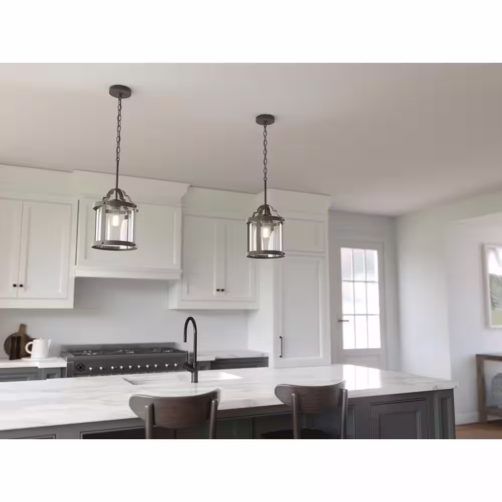 KICHLER Farona 10.5 in. 1-Light Black Farmhouse Shaded Kitchen Pendant Hanging Light with Clear Glass