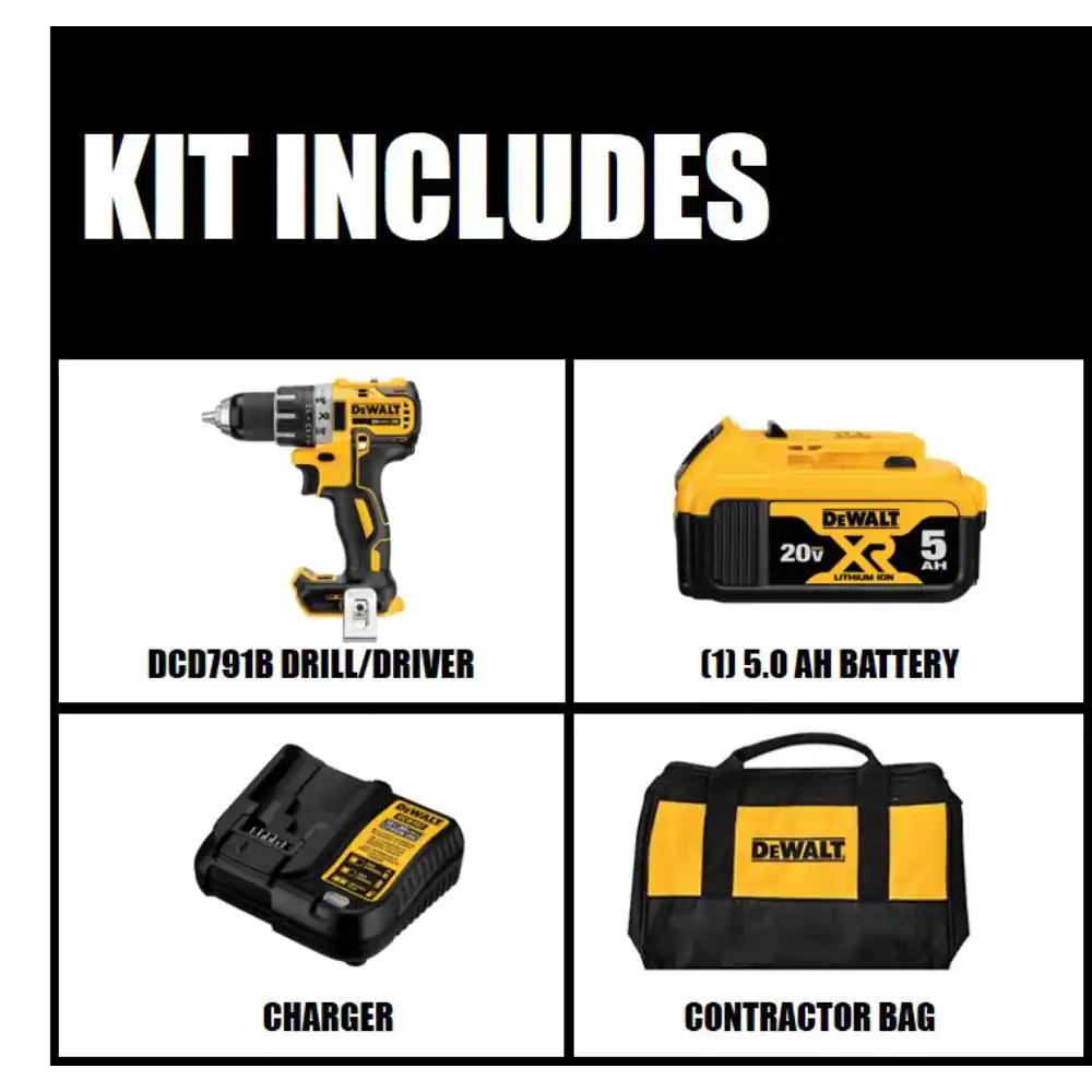 DEWALT 20V MAX XR Cordless Brushless 1/2 in. Drill/Driver with (1) 20V 5.0Ah Battery, Charger and Bag