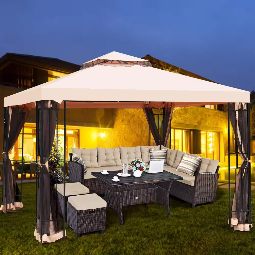 ANGELES HOME 10 ft. x 10 ft. Light Brown 2-Tier Vented Metal Canopy with Mosquito Netting